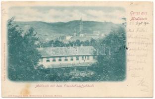 1901 Medgyes, Mediasch, Medias; mit dem Eisenbahnhofgebäude / vasútállomás. G. A. Reissenberger kiadása / railway station (EK)