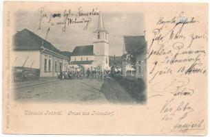 1900 Teke, Tekendorf, Teaca; templom, kerékpárosok. Weinrich S. fényképész / church, street view, bicycles (EM)