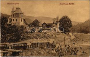 Menyháza, Monyásza, Moneasa; Paradeiser villák, kisvasút, vasútállomás. Fái Károly kiadása / villas, light railway station, locomotive, train (képeslapfüzetből / from postcard booklet)