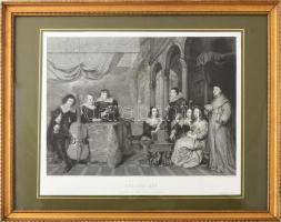 Gonzales Coques (1614/18-1684) festménye után, Doby Jenő (1834-1899) metszése: Családi kép. Rézmetszet, papír. Nyomtatta a Műsokszorosító Egylet Bécsben. Üvegezett fakeretben, 25x34 cm