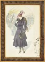 cca 1910-1920 Kalapos hölgy elegáns ruhában (női divatkép). Nyomat, papír. Jelzés nélkül. Lap alján szakadással, egy apró folttal. Üvegezett, dekoratív, kissé sérült fakeretben, 37x23 cm