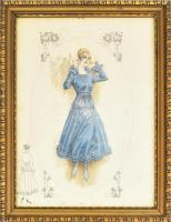 cca 1900-1910 Hölgy elegáns ruhában, szecessziós női divatkép. Színes rotációs fametszet, papír, jelzés nélkül. Néhány apró folttal, hajtásnyomokkal. Üvegezett fakeretben. 39x29 cm