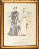 1891 Hölgyek elegáns ruhában és napernyőkkel, a Budapesti Bazár divatkép melléklete. Színes rotációs fametszet, papír, olvashatatlan jelzéssel. Üvegezett fakeretben. 33x25 cm