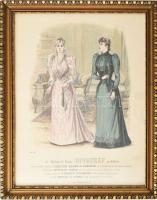 1891 Két Hölgy elegáns ruhában enteriőrben, a Budapesti Bazár divatkép melléklete. Színes rotációs fametszet, papír, olvashatatlan jelzéssel. Üvegezett fakeretben. 33x25 cm