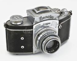 Exacta Ihagee Dresden fényképezőgép, Tessar 1:2,8 f=5cm objektívvel, sérült bőr tokjában