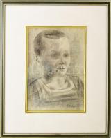 Ilosvai Varga István (1895-1978): Gyermek portré, 1913. Szén, papír. Jelezve jobbra lent. Üvegezett fakeretben. 33x22,5 cm