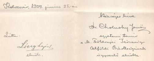 1909 Kolozsvár dr. Cholnoky Jenő egyetemi tanár, a Földrajzi Társaság tagjának levele melyben az Alf...