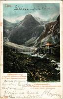 1903 Tátra, Tatry; Fehérpataki völgy, Zöld tó a Frigyes főherceg menházzal, Karbunkulustorony. Feitzinger Ede 515. Auto-Chrom 1902/12. / Der Grüne See mit d. Karfunkelturm u. d. Erzh. Friedr. Schutzhaus / lake, rest house, mountain (EK)