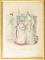 1891 Három hölgy elegáns ruhában enteriőrben, a Budapesti Bazár divatkép melléklete. Színes rotációs fametszet, papír, olvashatatlan jelzéssel. Lap széle kissé foltos. Üvegezett fakeretben. 36x26 cm