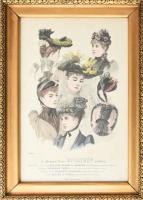 1891 Hölgyek kalapokban, a Budapesti Bazár divatkép melléklete. Színes rotációs fametszet, papír, olvashatatlan jelzéssel. Üvegezett fakeretben. 36x25 cm