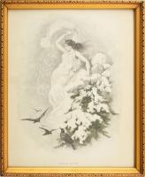 Stanislaw Rejchan (1858-1919): A tél (Der Winter). Rotációs fametszet, papír. Jelzett a metszeten. Üvegezett, dekoratív fakeretben, 30x24 cm