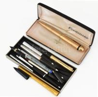 Parker töltőtoll és golyóstoll alkatrészek, sérült Eversharp toll, dobozában, közötte egy 14k Au arany töltőtoll hegy