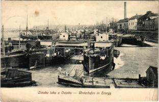 Eszék, Essegg, Osijek; Winterhafen / Zimska luka / Téli kikötő, MFTR uszályok, MÁMT Dráva 1. és 2. - Selzer i Rank 2025. / winter port with ships, barges (EB)