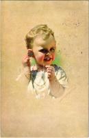 1918 Gyerek zsebórával, művész aláírásával / child with pocket watch, artist signed + Magyar Köztársaság 1918. november 16. Budapest So. Stpl.