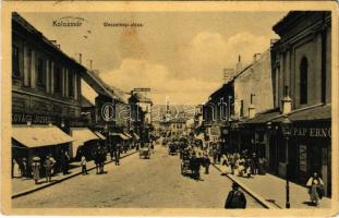 1910 Kolozsvár, Cluj; Wesselényi utca, Kovács József és Pap Ernő üzlete, Pannonia szálloda / street, shops, hotel (EK)