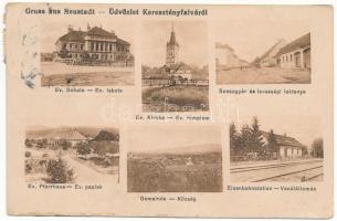 1918 Keresztényfalva, Neustadt, Cristian; Evangélikus iskola, templom és paplak, vasútállomás, szeszgyár és lovassági laktanya. Peter Roth kiadása / Lutheran school, church and rectory, railway station, military cavalry barracks, distillery (EK)