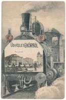 1908 Győr, Pályaudvar, vasútállomás. Gőzmozdonyos montázslap, vonat (fa)