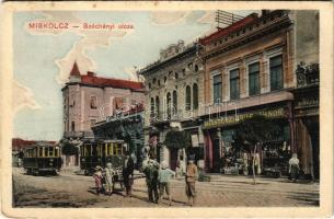 1913 Miskolc, Széchenyi utca, Miskolczi Árucsarnok, üzletek, villamos. Grünwald Ignác kiadása (EK)