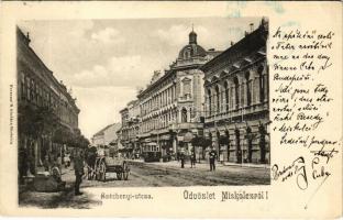 1905 Miskolc, Széchenyi utca, villamos, Fischer üzlete. Ferenczi B. kiadása (EK)