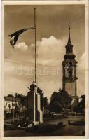 1943 Margitta, Marghita; Református templom, országzászló / Calvinist church, Hungarian flag (fl)