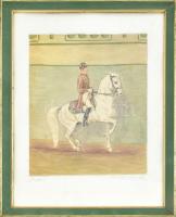 Olvashatatlan jelzéssel: Piaffe (lovasiskola). Akvarell, papír. Üvegezett, dekoratív fakeretben. 17x14 cm
