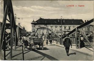 1912 Lugos, Lugoj; Vashíd, lovas szekér, könyvnyomda, Sas gyógyszertár / bridge, book printing shop, pharmacy (fl)