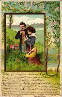 1906 Romantic couple, Emb. floral litho (EK)