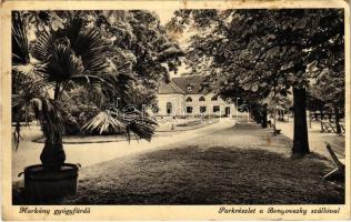 1937 Harkány, park a Benyovszky szállodával. Szilczer Gyula kiadása (fl)