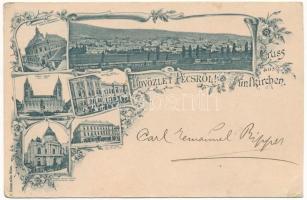 1897 (Vorläufer) Pécs, Kereskedelmi és Iparkamara, látkép, Székesegyház, Nemzeti kaszinó, Pénzügyi palota, Kir. ítélőtábla, Magyar nemzeti színház. Art Nouveau, floral (vágott / cut)