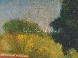 Károlyi Ernő (1923 -2016): Kalocsa, érseki kert. Olaj, farost, jelzett. Hátoldalán autográf feliratt...