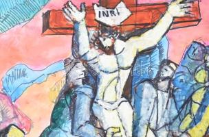 Szabó Zoltán, Angyalföldi (1929-2014): Jézus a kereszten. Akvarell, filctoll, papír, jelezve balra l...