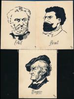 3 db Erkelt, Wagner, Bizet-et ábrázoló grafikus nyomat 12x15 cm