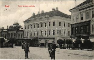 1911 Arad, Fehér Kereszt szálloda, Fonciere pesti biztosító, Neumann M., Ifj. Klein Mór és Husserl üzlete, Braun Gusztáv kávéháza / hotel, shops, cafe, insurance company