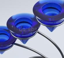 Retro gyertyatartó 3 db királykék üveg tartórésszel, hibátlan, m: 26 cm