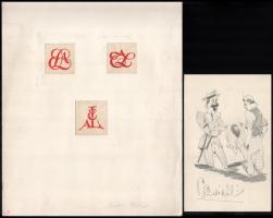 Végh Gusztáv (1889 - 1973): 5 db grafika, rajz. reklám terv. Vegyes technikák kb 13x18 cm