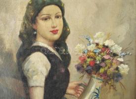 Ozsváth Gyula (?-?), kárpátaljai festő, XX. sz első fele: Lány virágcsokorral. Olaj, vászon, jelzett...