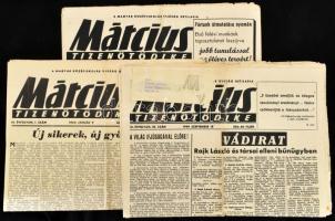 1949-1950 Március Tizenötödike c. újság 3 db száma, az egyik címlapján a Rajk László és társai elleni per vádirata, változó állapotban