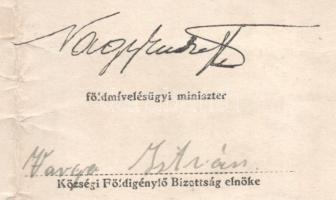 1945 Zagyvapálfalva, birtoklevél, Nagy Imre földmívelésügyi miniszter nyomtatott aláírásával, hajtva...