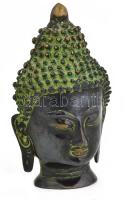 Buddha fej. Patinázott öntött bronz, jelzés nélkül, kopással, m: 19,5 cm