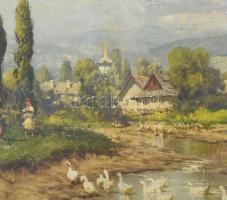 Neogrády László (1896-1962): Libapásztorlány. Olaj, vászon. Jelzett. Dekoratív, üvegezett, sérült fa...