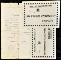 1928-1947 MÁV iratok: kinevezés, felvételi jegy, stb., össz. 4 db, változó állapotban + 2 db MÁV Interfrigo Vezérképviselet boríték, jó állapotban