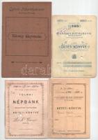 4 db takarékbetét könyv, cca 1930-1942 többsége használva volt változó állapotban. Gyönki Takarékpénztár, Tamási-i Hitelbank, Tolnai népbank valamint Szekszárdi népbank kiadványai.