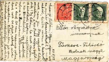 1934 Izsa, Iza (Komárom, Komárno); Református templom, kerékpáros férfi / Calvinist church, man with...