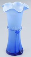 Murano kétrétegű kék-tejüveg váza, üvegszál rátéttel, jelzés nélkül, hibátlan, m: 20 cm
