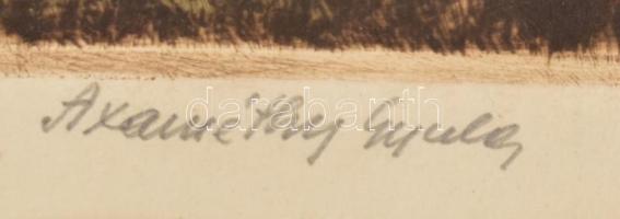 Axaméthy Gyula (1890-): Déli harangszó. Színezett rézkarc, papír. Jelzett. Paszpartuban. 29,5x38 cm