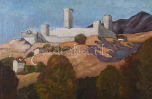 Ismeretlen magyar festő Jelzés nélkül: Táj, várral a háttérben. Olaj, vászon, dekoratív, kissé sérül...