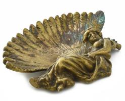 Szecessziós figurális névjegykártya tartó, bronz, legyezőt tartó női alak, patinás, 16x13 cm