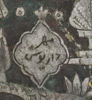 Irán, 20. sz. eleje, Dísztál, ónozott vörösréz, pereménél áttört mintával, öblében elbeszélő szimbol...