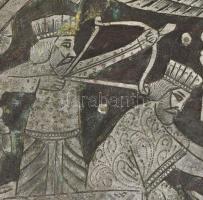 Irán, 20. sz. eleje, Dísztál, ónozott vörösréz, pereménél áttört mintával, öblében elbeszélő szimbol...