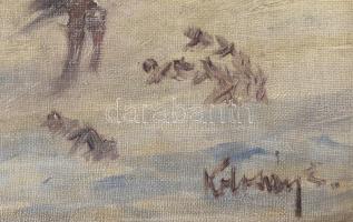 Kolozsváry Endre (1901-?): Lovas ás kutyája a hóviharban. Olaj, vászon, jelzett. Dekoratív fakeretbe...